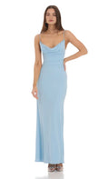 Light Blue Prom Dress with Spaghetti Straps Cowl Neckline and Trim Perfect for Romantic Prom Nights