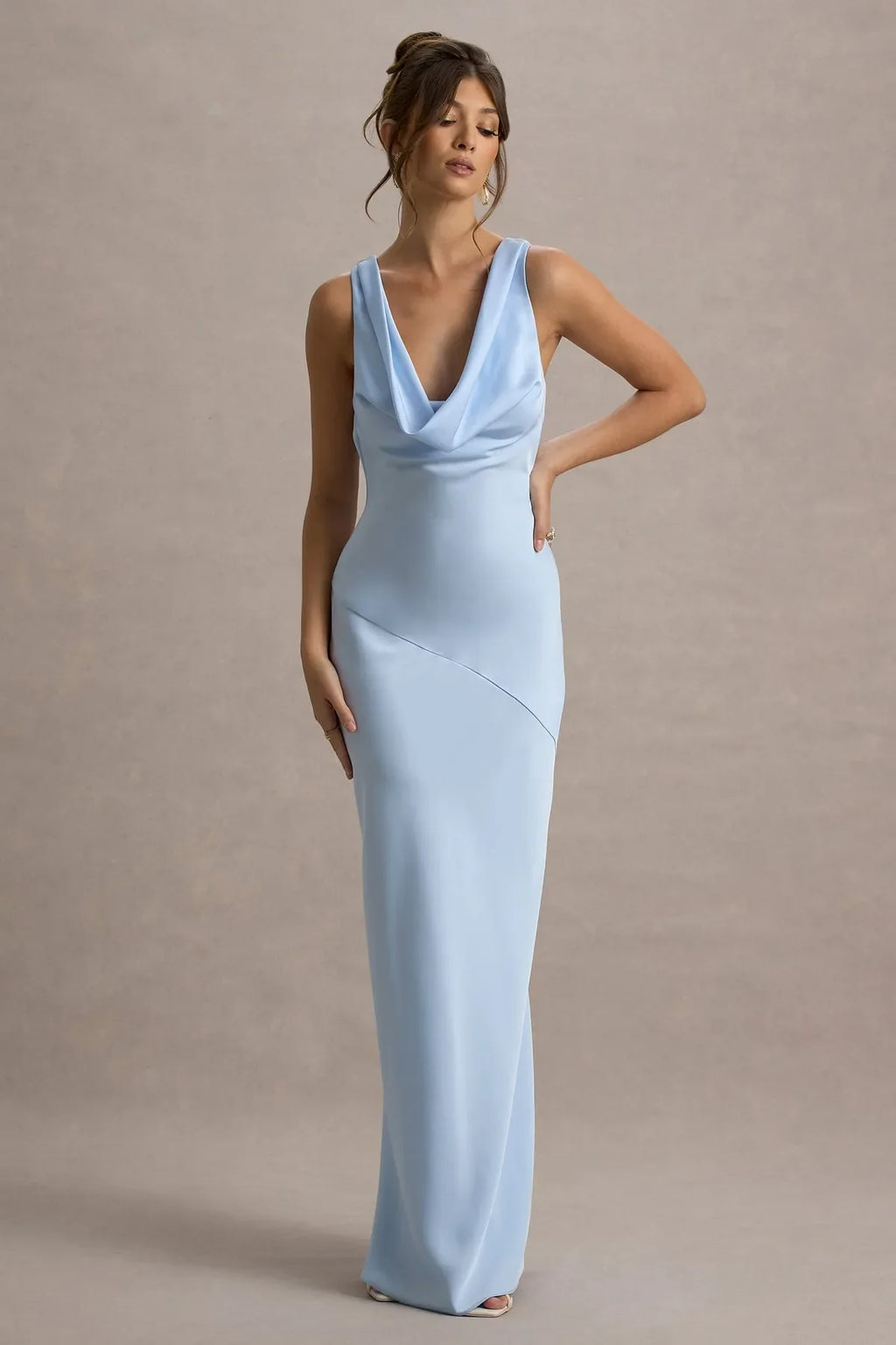 Light Blue Prom Dress with Cowl Neckline Sleeveless Design Asymmetric Seam Detail Floor Length Bodycon Gown for Formal Galas Evening Balls Sophisticated Soirées