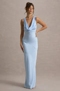 Light Blue Prom Dress with Cowl Neckline Sleeveless Design Asymmetric Seam Detail Floor Length Bodycon Gown for Formal Galas Evening Balls Sophisticated Soirées