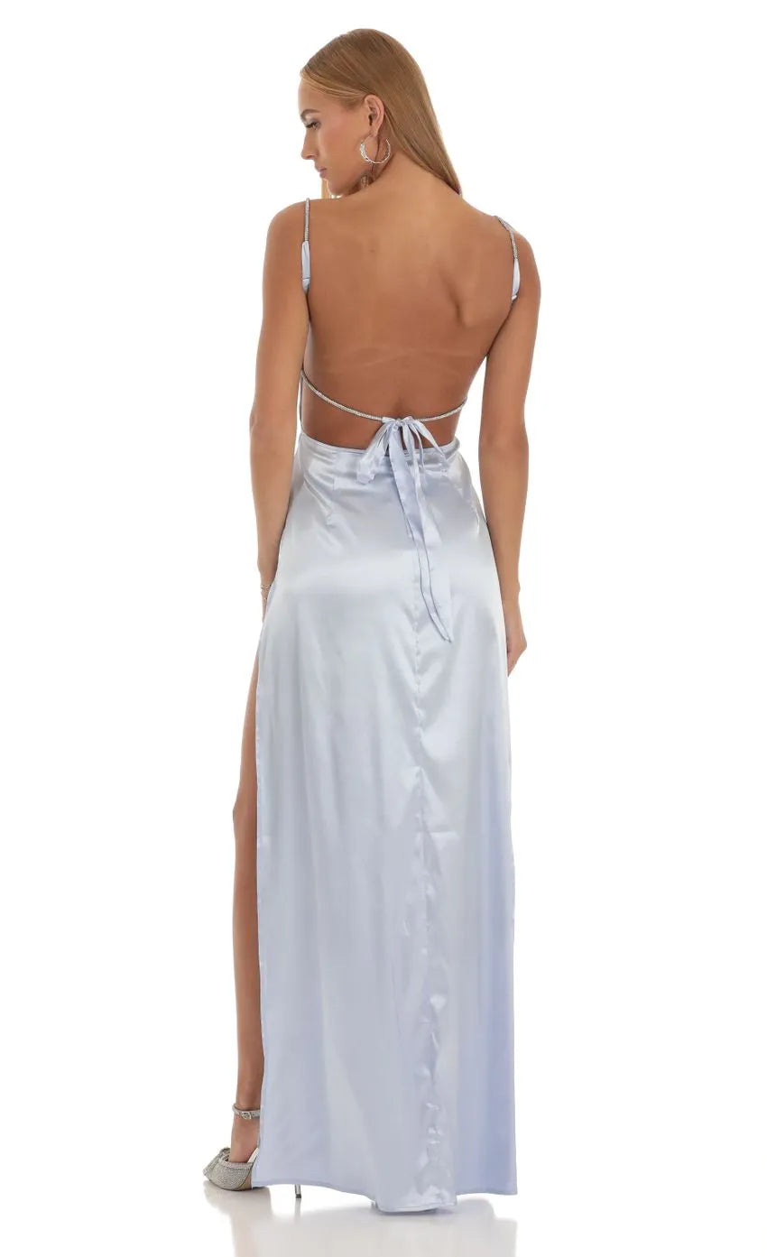 Light Blue Prom Dress with Rhinestone-Embellished Spaghetti Straps Square Neckline, Side Slit and Figure