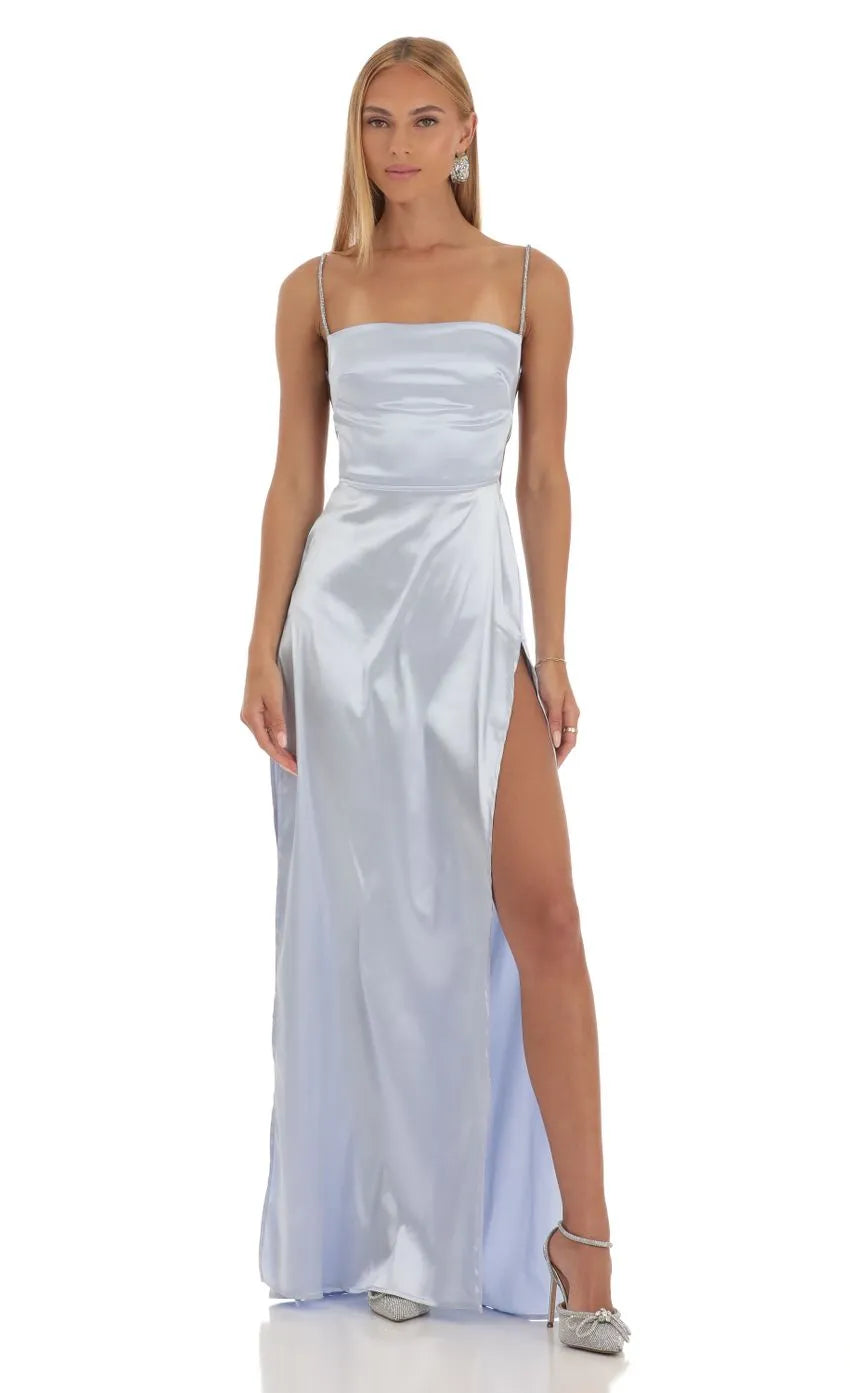 Light Blue Prom Dress with Rhinestone-Embellished Spaghetti Straps Square Neckline, Side Slit and Figure