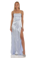Light Blue Prom Dress with Rhinestone-Embellished Spaghetti Straps Square Neckline, Side Slit and Figure