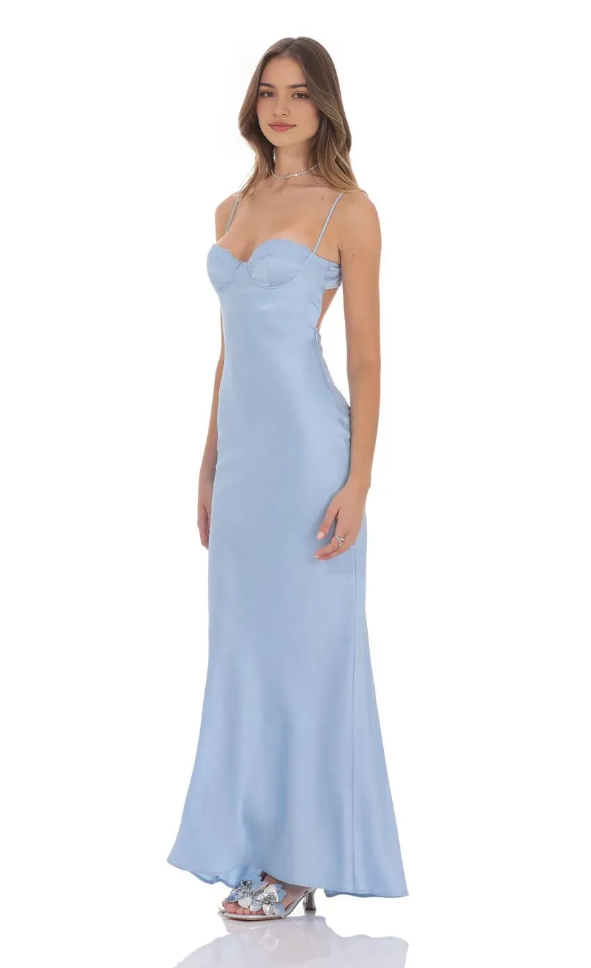 Light Blue Prom Dress with Spaghetti Straps Bustier Detail Timeless Grace for Formal Galas