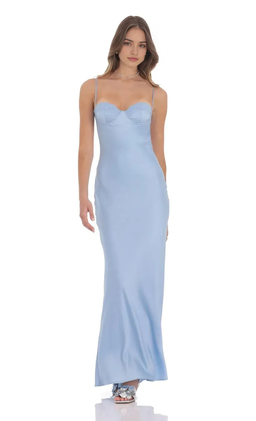 Light Blue Prom Dress with Spaghetti Straps Bustier Detail Timeless Grace for Formal Galas