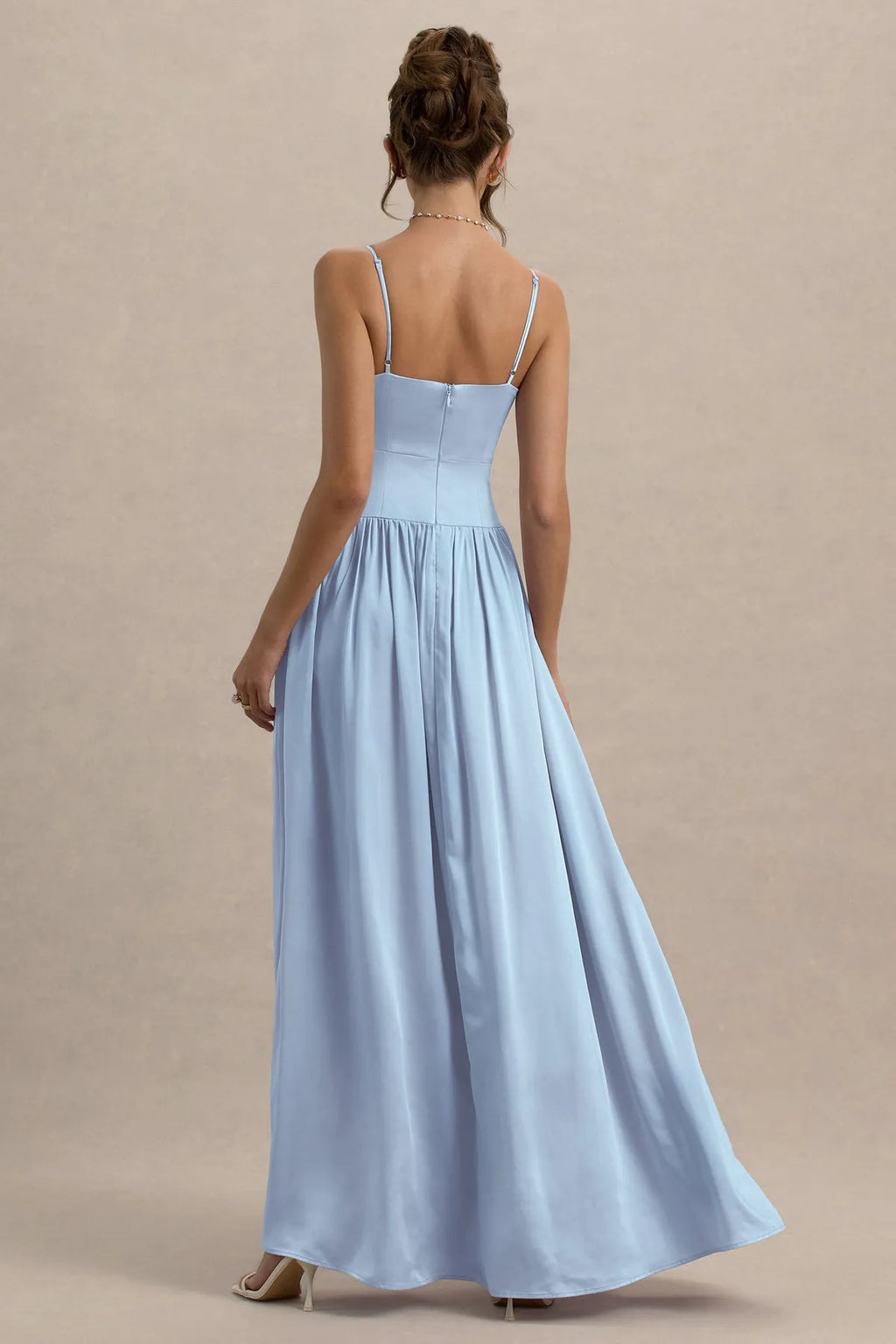 Light Blue Prom Dress with Spaghetti Straps Deep V - Neckline Side Slit and Pleated Detailing for Formal Occasions