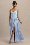 Light Blue Prom Dress with Spaghetti Straps Deep V - Neckline Side Slit and Pleated Detailing for Formal Occasions