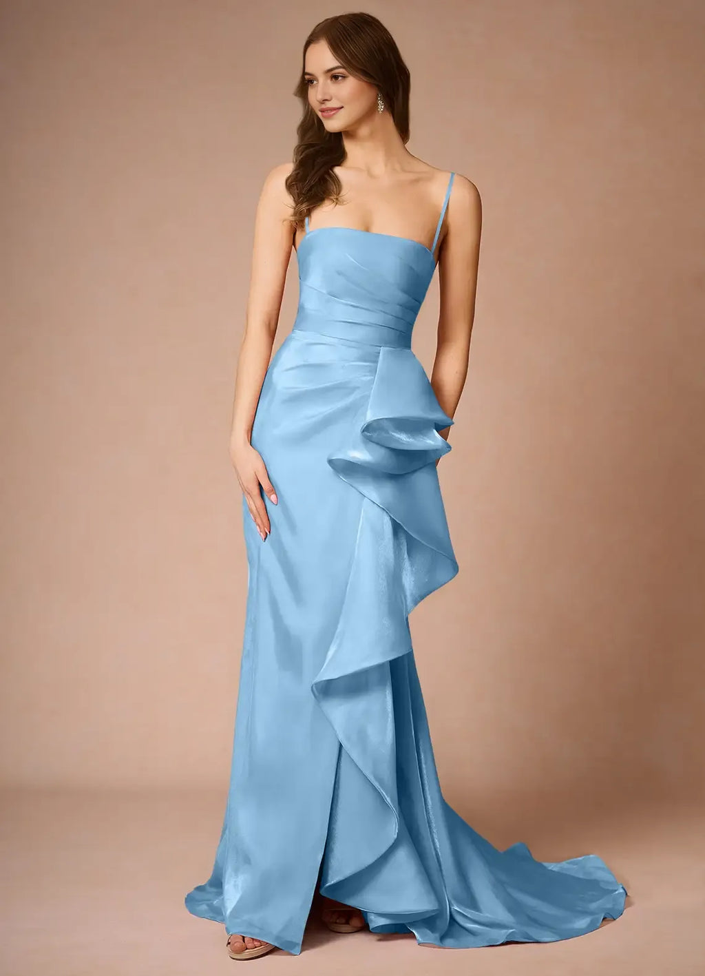 Light Blue Prom Dress with Spaghetti Straps Ruched Bodice Asymmetric Ruffle Detail and Train for Formal Galas