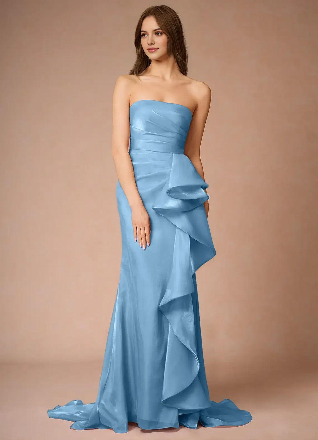 Light Blue Prom Dress with Spaghetti Straps Ruched Bodice Asymmetric Ruffle Detail and Train for Formal Galas