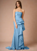 Light Blue Prom Dress with Spaghetti Straps Ruched Bodice Asymmetric Ruffle Detail and Train for Formal Galas