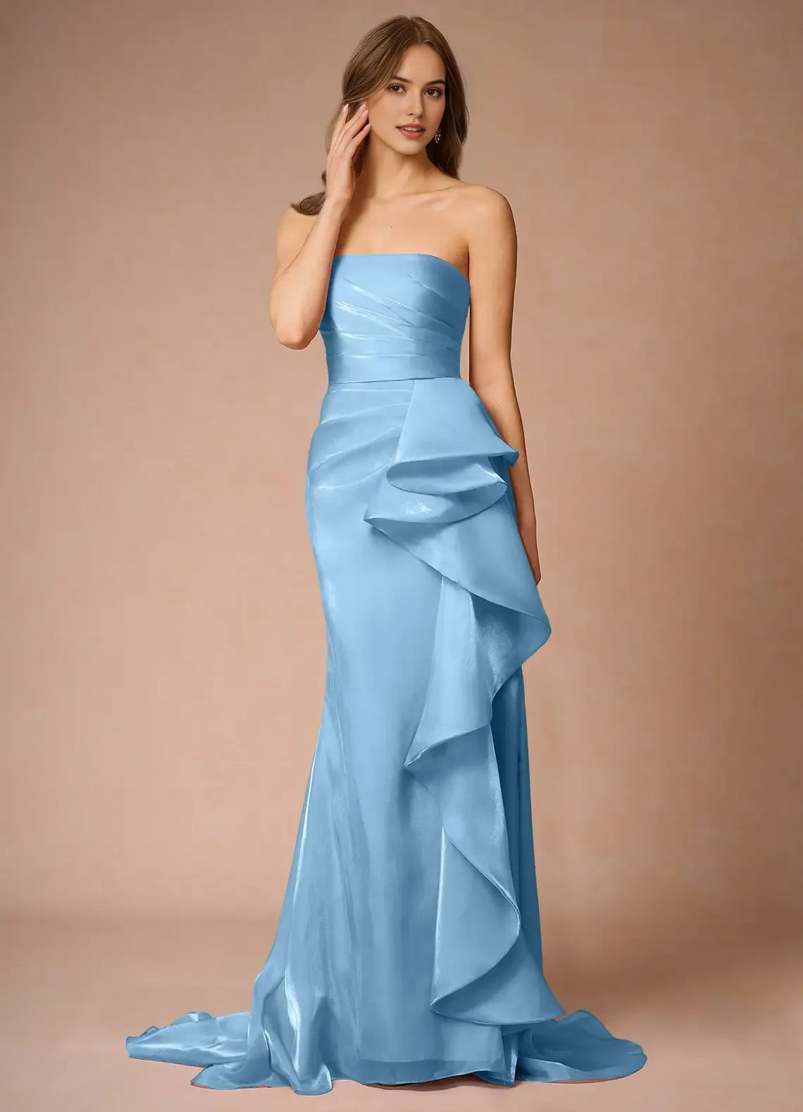 Light Blue Prom Dress with Spaghetti Straps Ruched Bodice Asymmetric Ruffle Detail and Train for Formal Galas