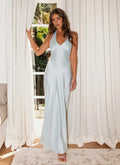 Light Blue Prom Gown Halter Neckline Deep V Neck Flowy Mermaid Hem Sheen for Prom Night