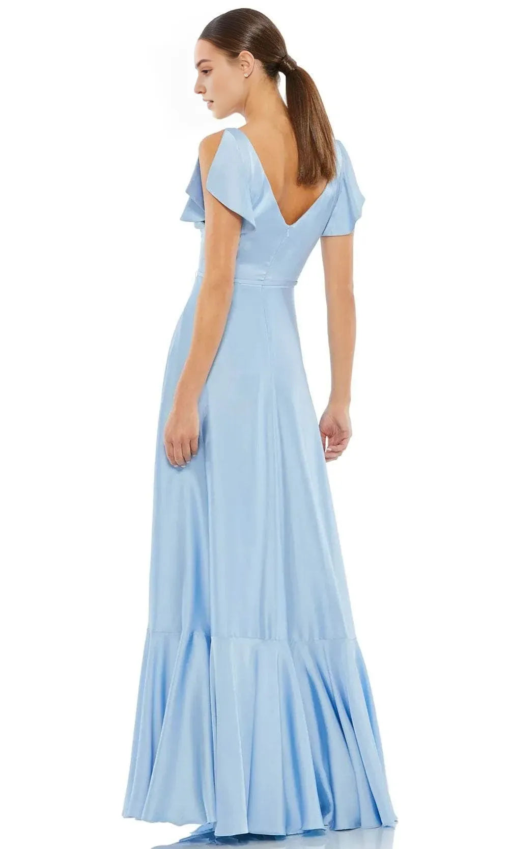 Light Blue Prom Gown with Asymmetric Flutter Sleeve V - Neckline and Tiered Ruffle Hem Perfect for Formal Balls Evening Galas and Sophisticated
