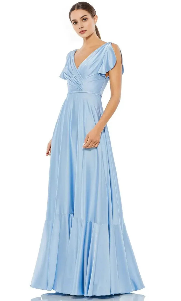 Light Blue Prom Gown with Asymmetric Flutter Sleeve V - Neckline and Tiered Ruffle Hem Perfect for Formal Balls Evening Galas and Sophisticated