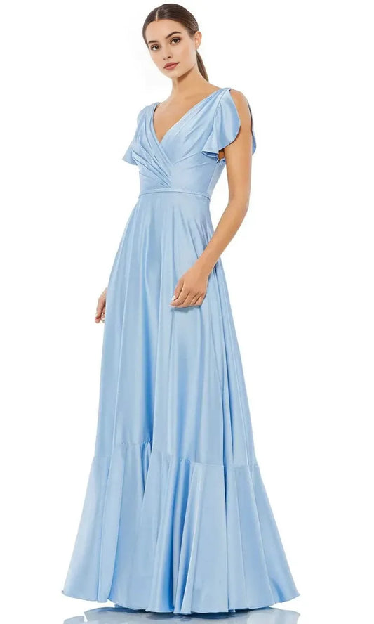 Luxurious Light-Blue Ruffled A-Line V-Neck Classic-Sleeve Classic-Back Floor-Length Prom Dress