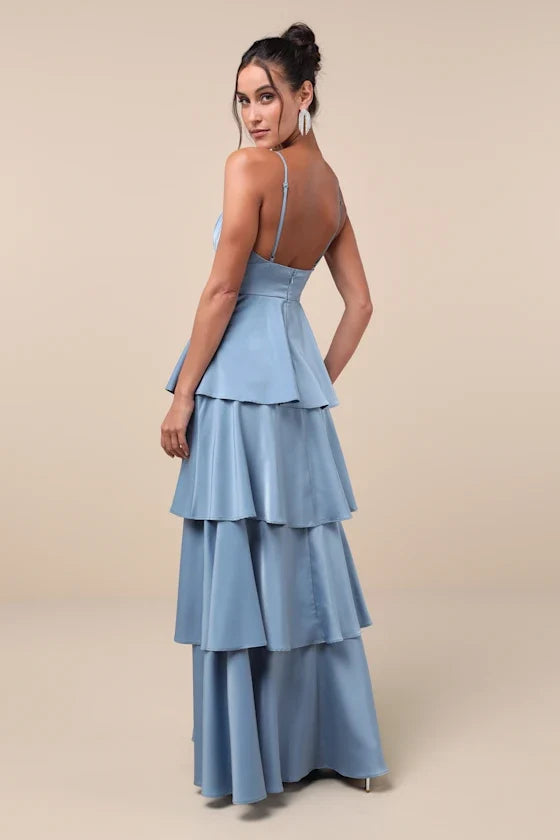 Light Blue Tiered Prom Dresses with Spaghetti Straps Deep V Neck Perfect for Proms Balls and Glamorous Formal Occasions Flattering Ruffled Layers for Graceful Movement