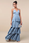 Light Blue Tiered Prom Dresses with Spaghetti Straps Deep V Neck Perfect for Proms Balls and Glamorous Formal Occasions Flattering Ruffled Layers for Graceful Movement