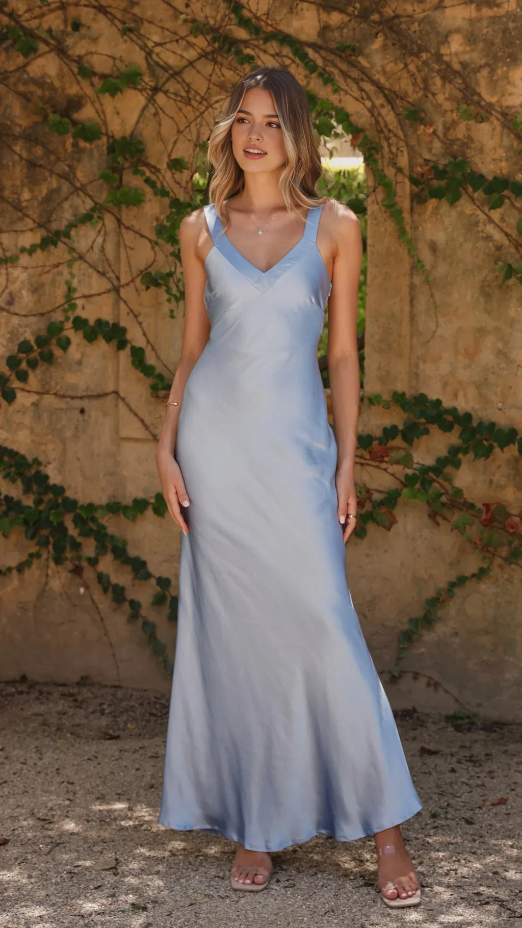 Light Blue V Neck Spaghetti Strap Prom Dress for Women Floor Length Formal Party Gown