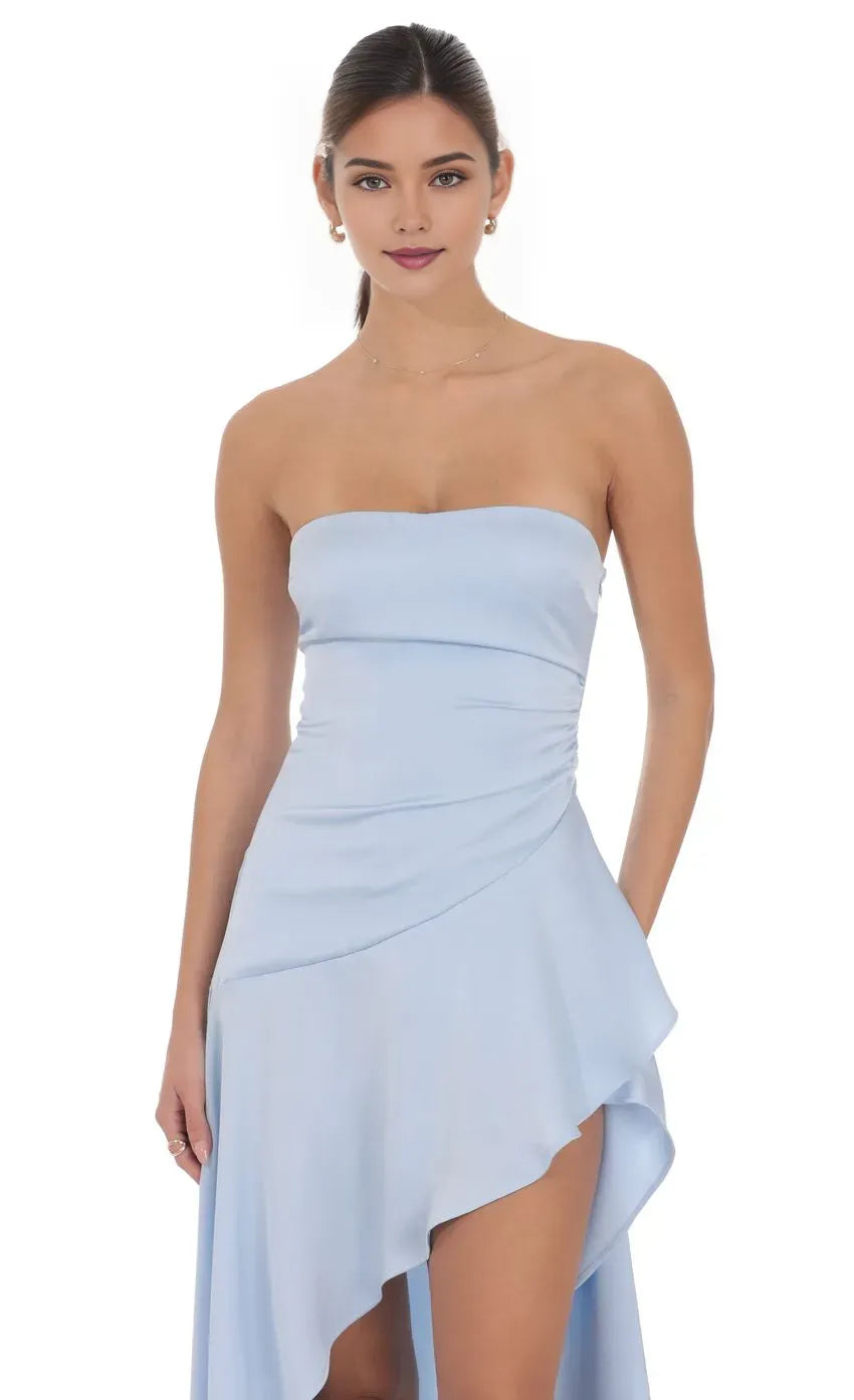 Light Blue Sheath Square Neck Strapless Open Back High Low Asymmetric Ruched Prom Dresses