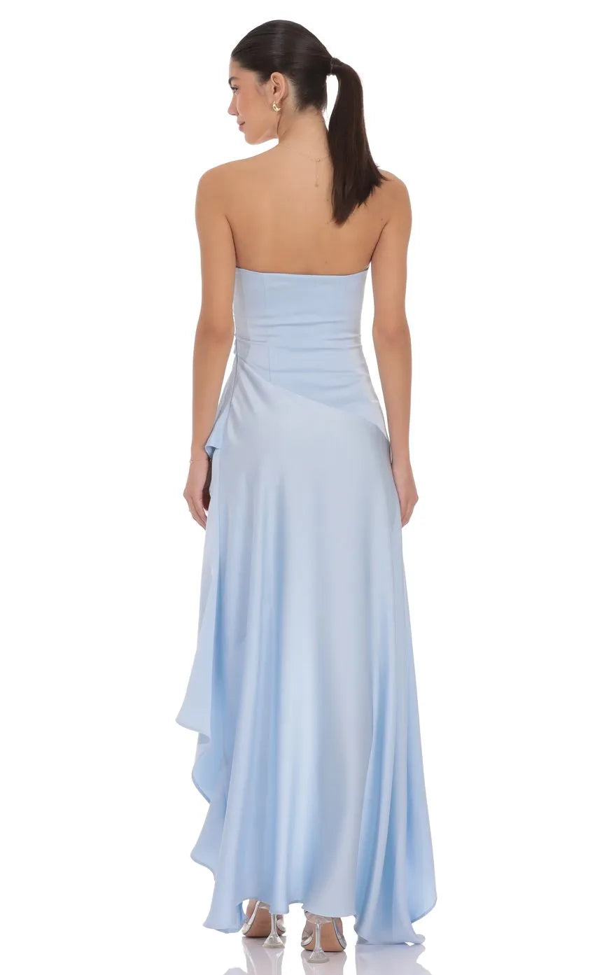 Light Blue Sheath Square Neck Strapless Open Back High Low Asymmetric Ruched Prom Dresses