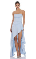 Light Blue Sheath Square Neck Strapless Open Back High Low Asymmetric Ruched Prom Dresses