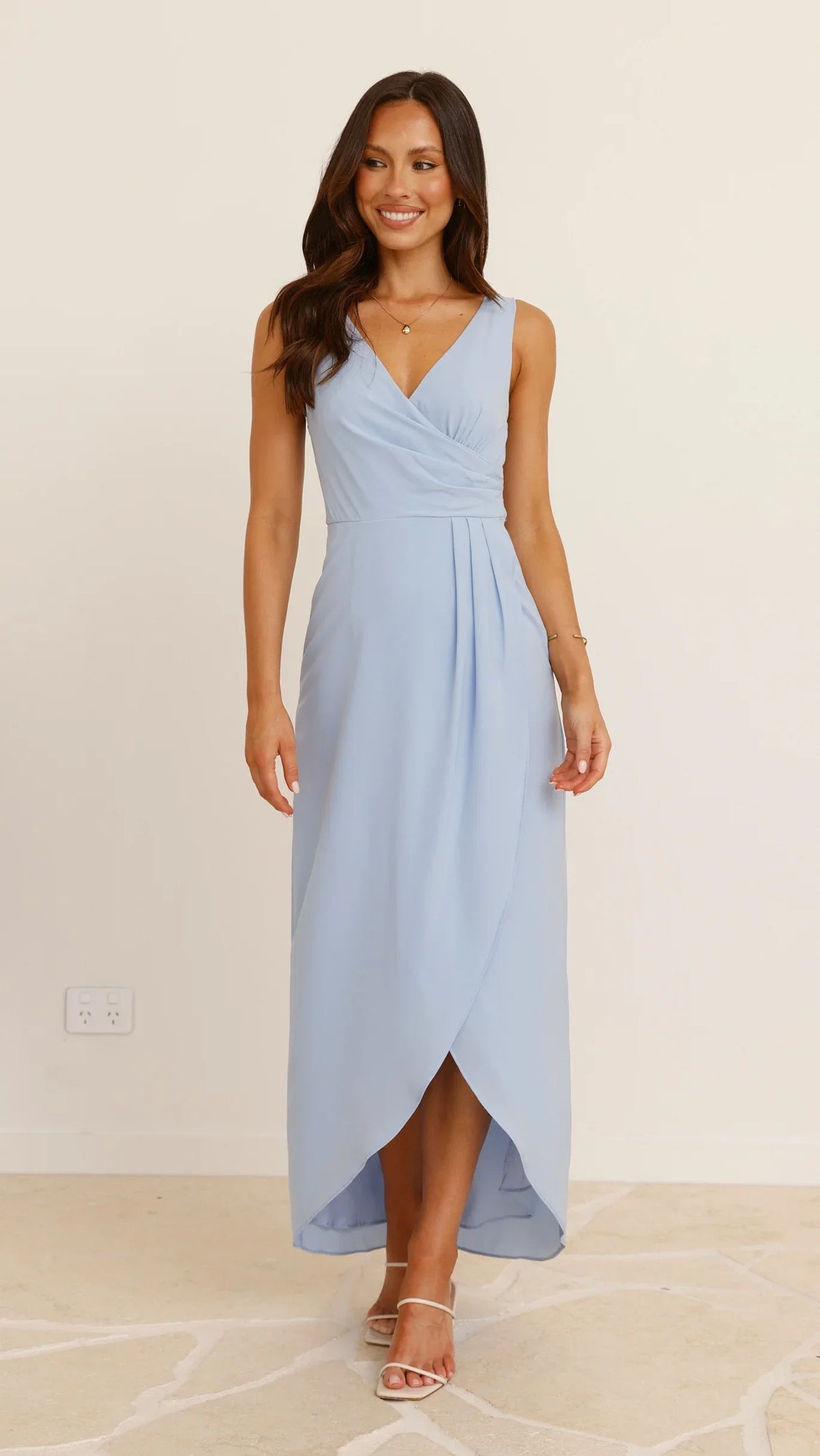 Light Blue Sleeveless V - Neck Wrap Prom Dress with High Low Hem Perfect for Formal Evening Events Prom Nights