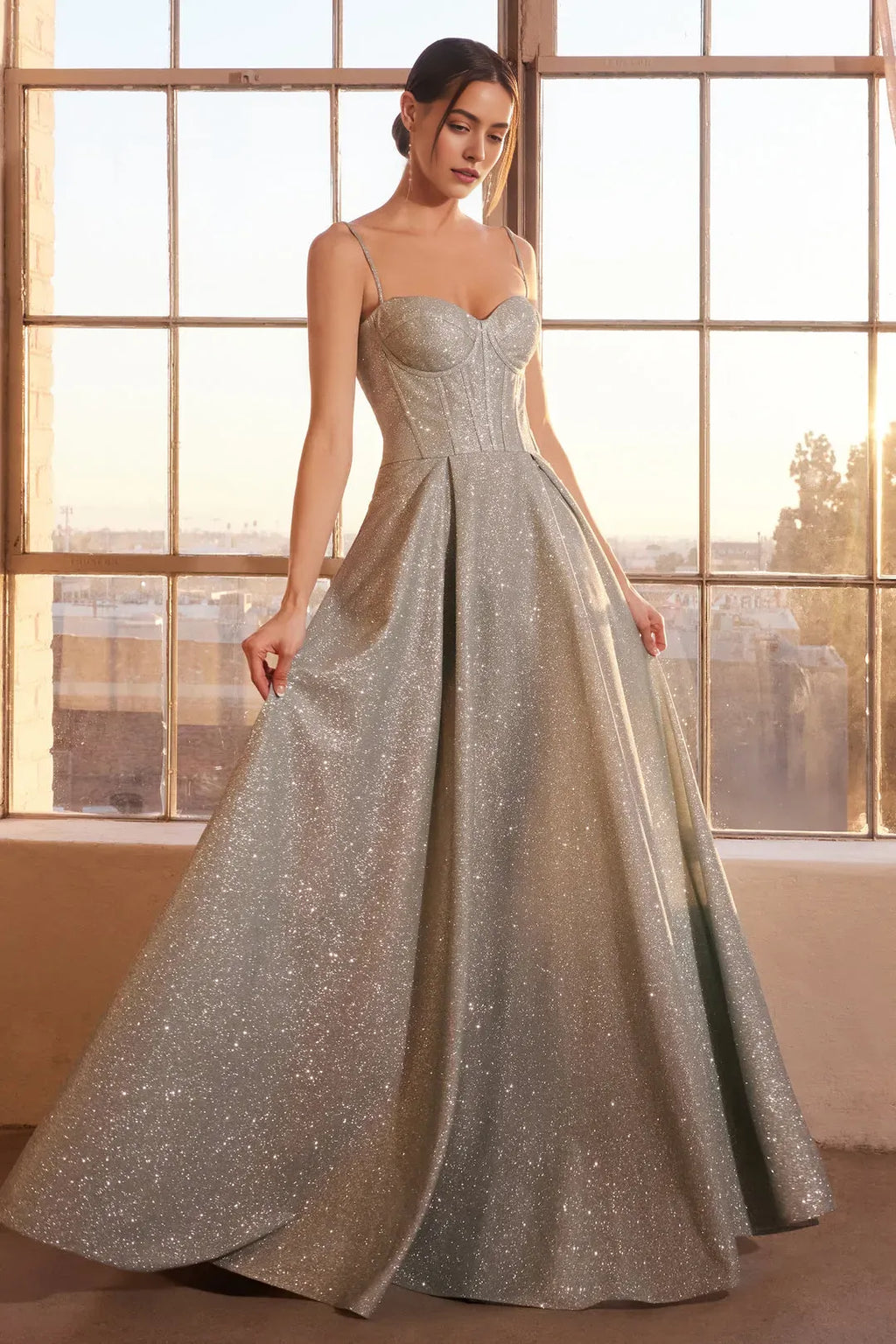 Light Blue Sparkle Prom Dress with Spaghetti Straps Corset Bodice and Flowy Glitter Skirt for Formal Events