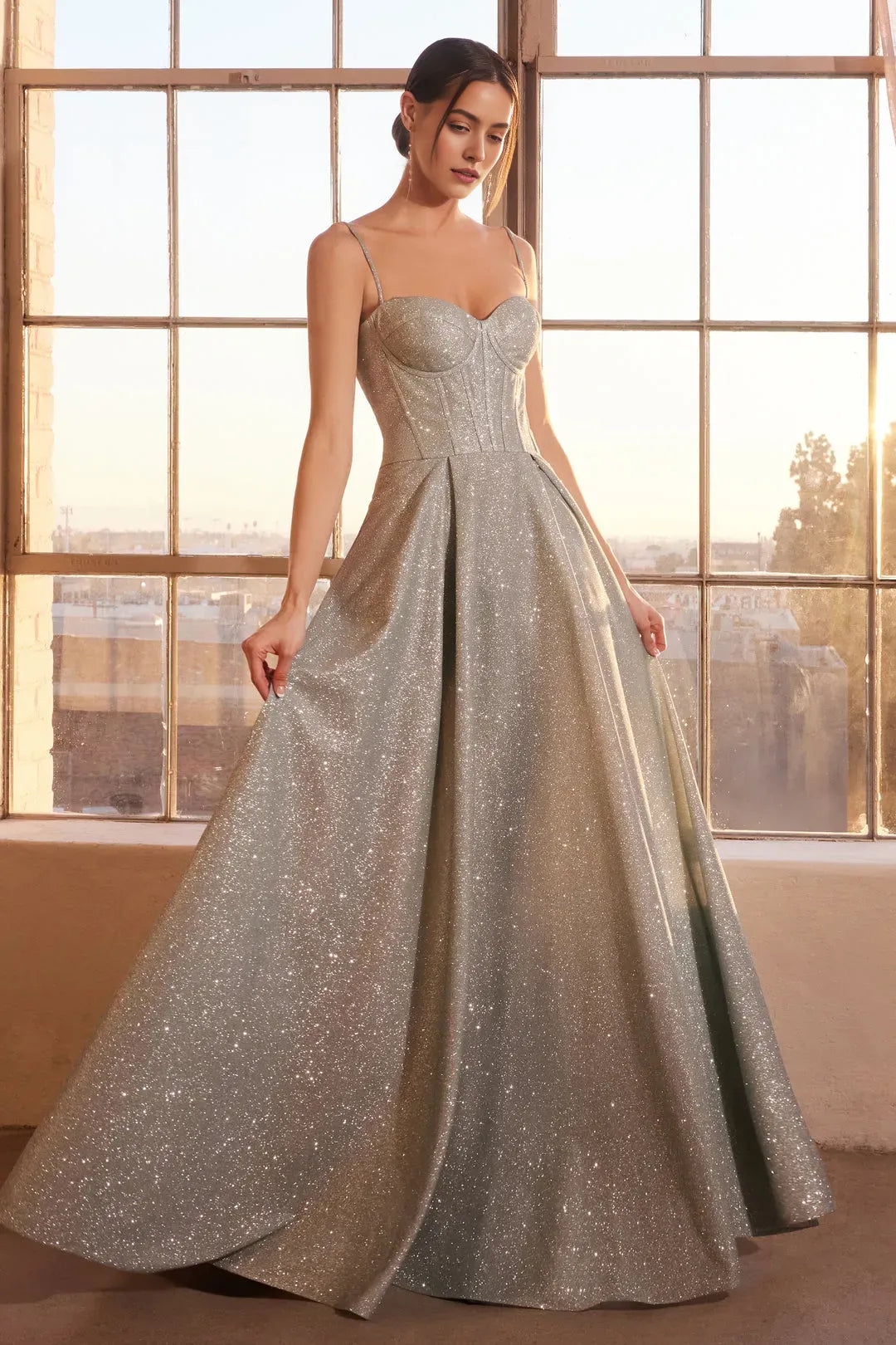 Light Blue Sparkle Prom Dress with Spaghetti Straps Corset Bodice and Flowy Glitter Skirt for Formal Events
