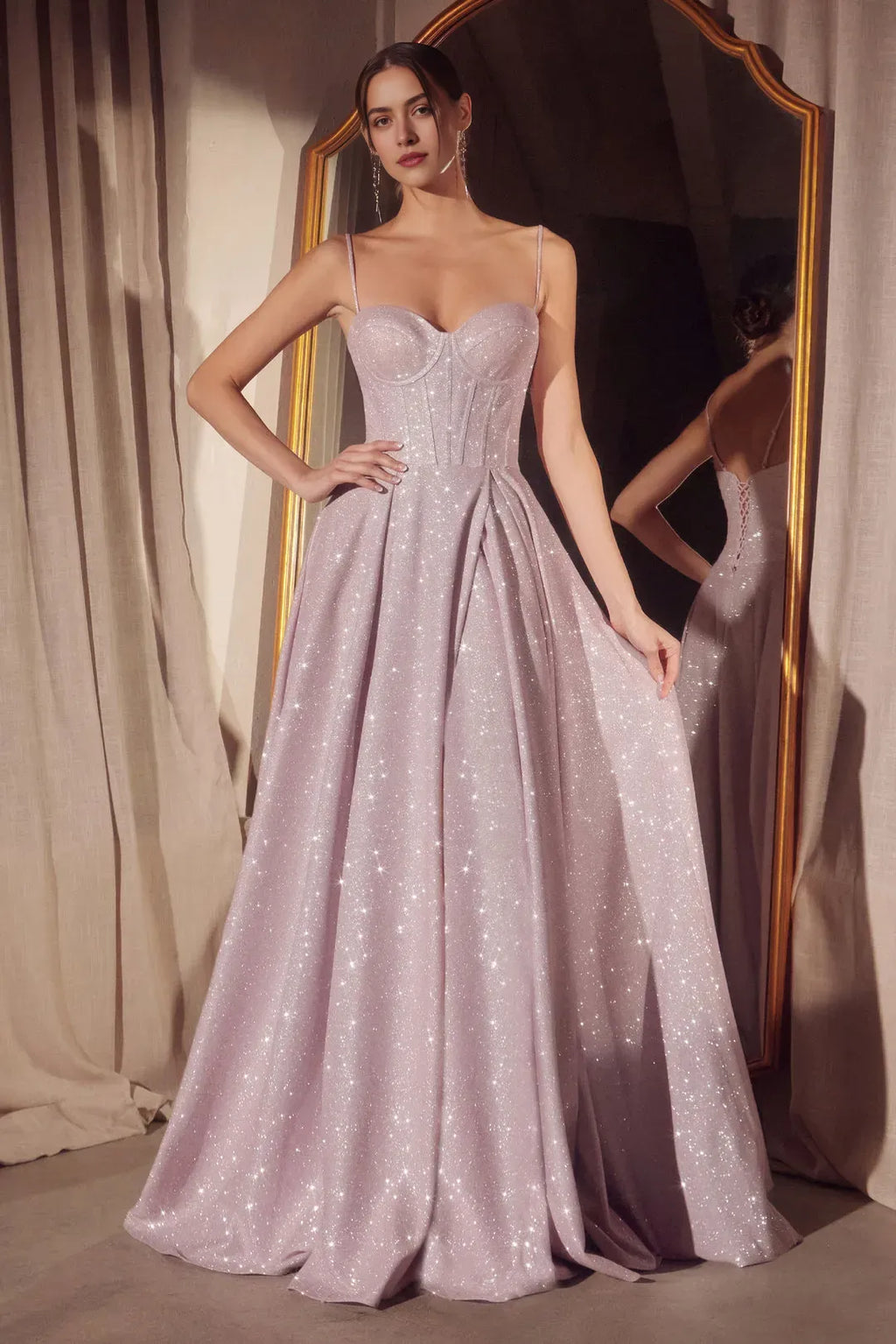 Light Blue Sparkle Prom Dress with Spaghetti Straps Corset Bodice and Flowy Glitter Skirt for Formal Events