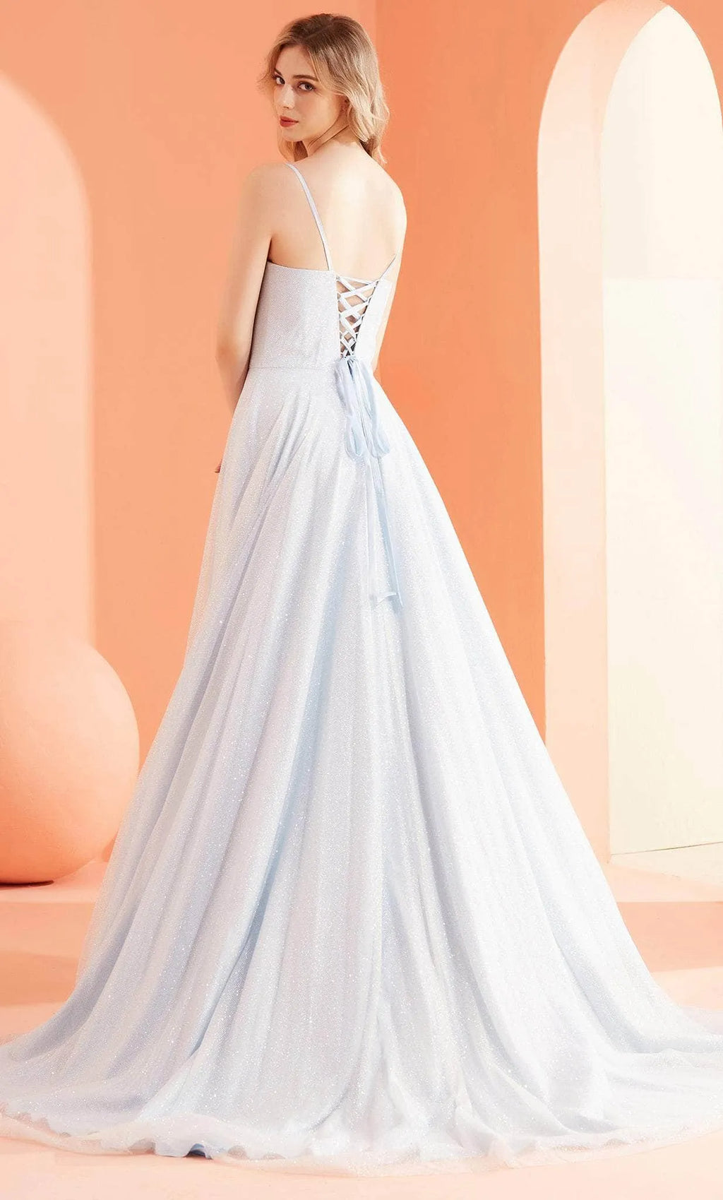 Light Blue Sparkle Evening Dresses featuring Spaghetti Straps Square Neck and Flowy A - Line Silhouette to Elevate Your Night