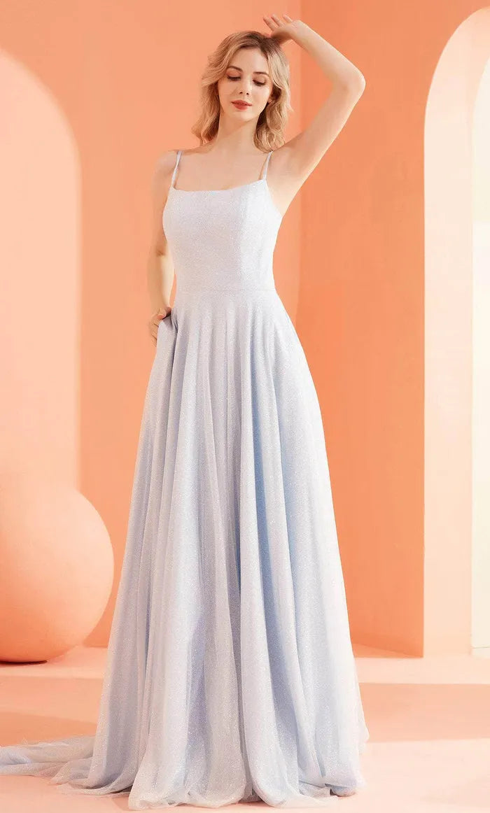 Light Blue Sparkle Evening Dresses featuring Spaghetti Straps Square Neck and Flowy A - Line Silhouette to Elevate Your Night