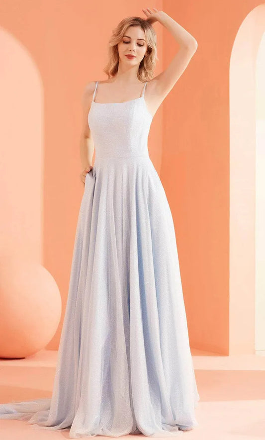 Elegant Light-Blue A-Line Square-Neck Sleeveless Classic-Back Floor-Length Evening Dress