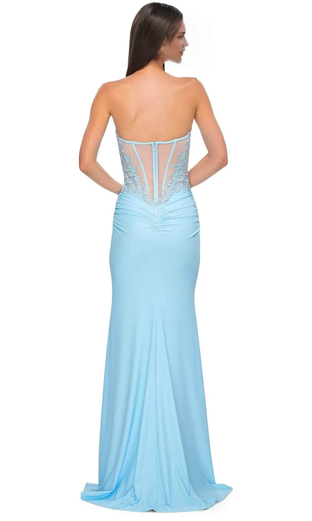Light Blue Strapless Evening Gown with Bodice and High Side Slit A Perfect Choice for Proms Formal Balls