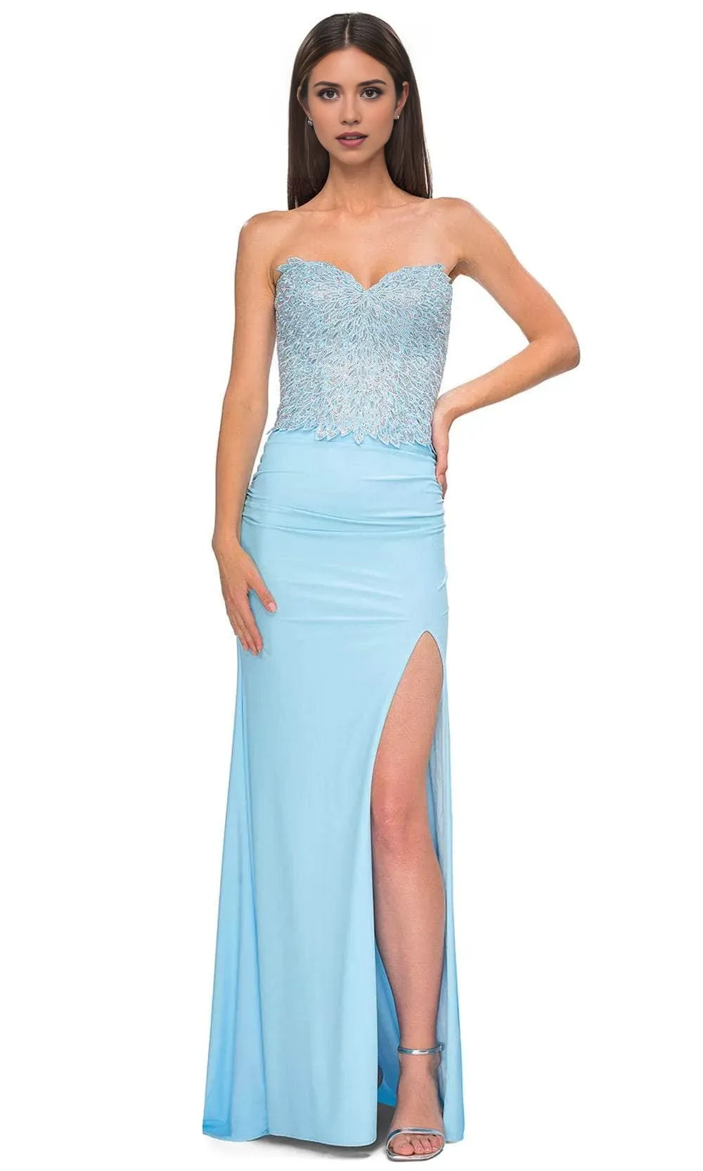 Light Blue Strapless Evening Gown with Bodice and High Side Slit A Perfect Choice for Proms Formal Balls
