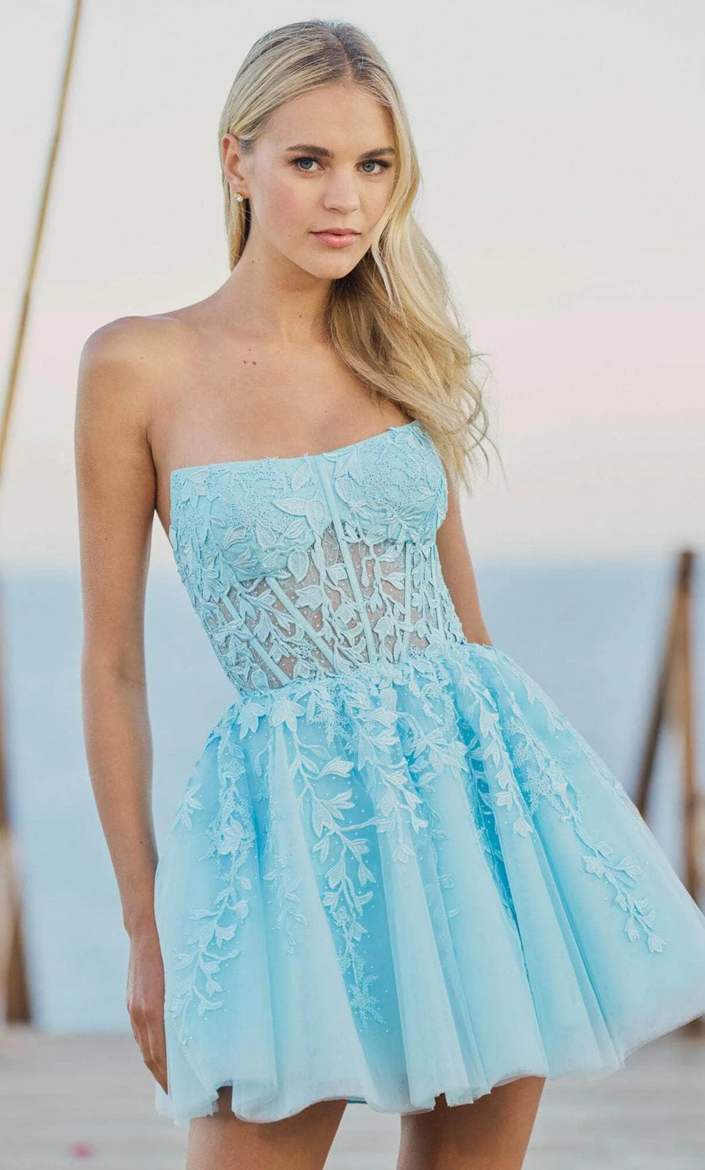 Light Blue Strapless Homecoming Dress with Floral Sheer Corset Bodice Perfect for Prom Nights