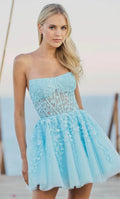 Light Blue Strapless Homecoming Dress with Floral Sheer Corset Bodice Perfect for Prom Nights