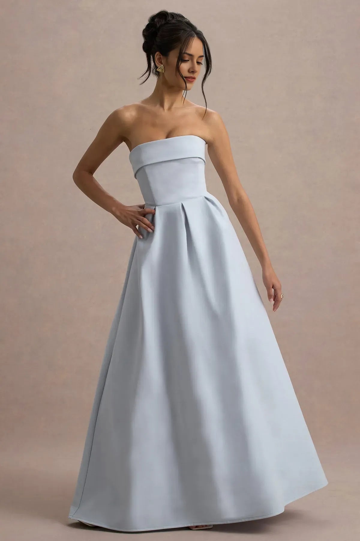 Light Blue Strapless Prom Dresses Ruched Bandeau Neckline Pleated A - Line Skirt Structured Finish A Fusion of Modern Minimalism and Timeless Grace for Formal Galas