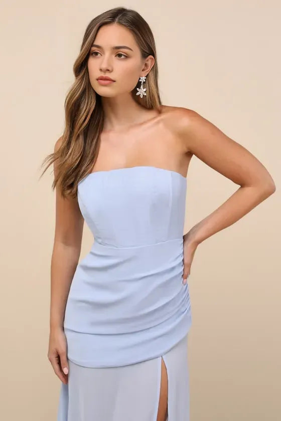Light Blue Strapless Prom Dress with Asymmetric Draped Bodice Side Ruched Detail and High Thigh Side Slit for Formal Occasions