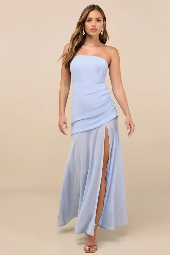 Light Blue Strapless Prom Dress with Asymmetric Draped Bodice Side Ruched Detail and High Thigh Side Slit for Formal Occasions