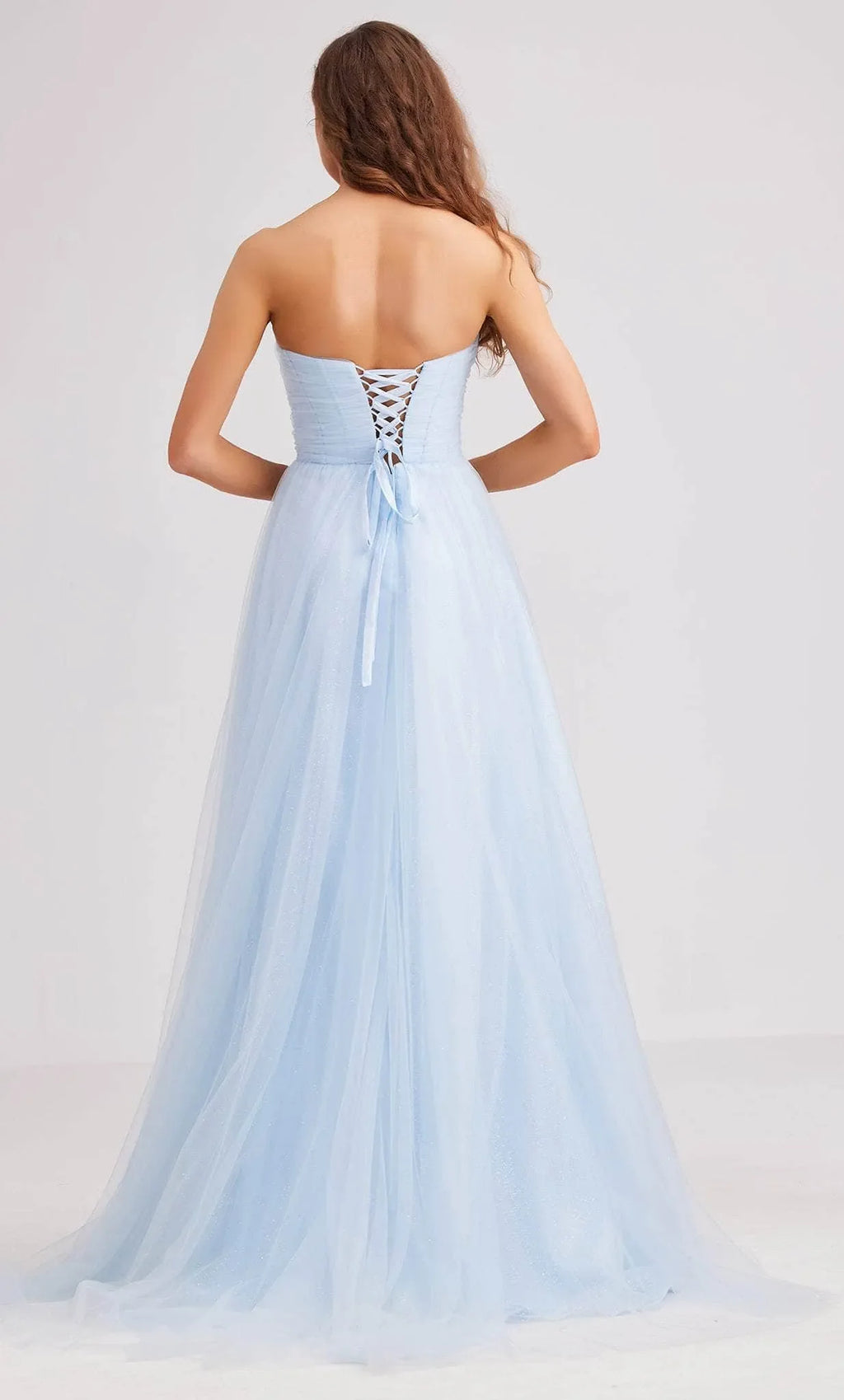 Light Blue Strapless Evening Gown with Ruched Bodice Flowy A Line Skirt Perfect for Proms Formal Galas and Dreamy Occasions
