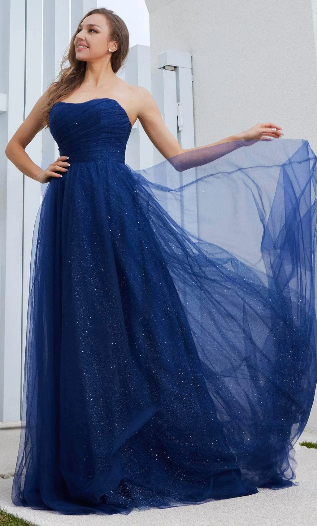 Light Blue Strapless Evening Gown with Ruched Bodice Flowy A Line Skirt Perfect for Proms Formal Galas and Dreamy Occasions
