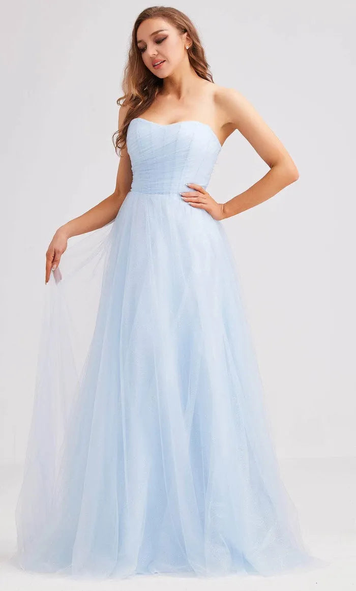 Light Blue Strapless Evening Gown with Ruched Bodice Flowy A Line Skirt Perfect for Proms Formal Galas and Dreamy Occasions