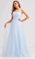 Light Blue Strapless Evening Gown with Ruched Bodice Flowy A Line Skirt Perfect for Proms Formal Galas and Dreamy Occasions