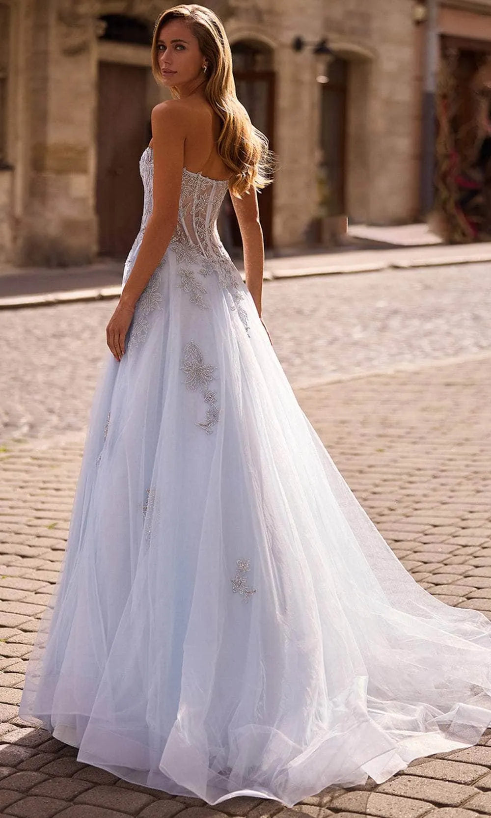 Light Blue Prom Dresses with Sheer Corset Bodice Intricate Floral Embellishments and High Slit for Formal Occasions