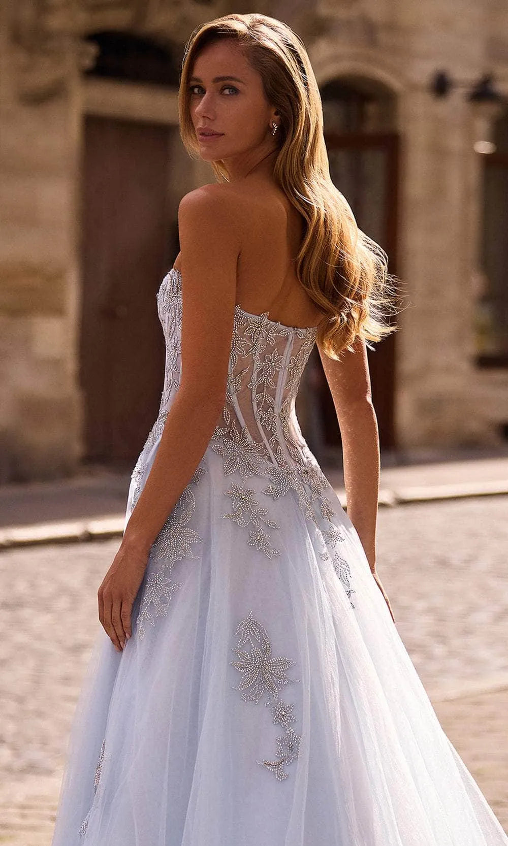 Light Blue Prom Dresses with Sheer Corset Bodice Intricate Floral Embellishments and High Slit for Formal Occasions
