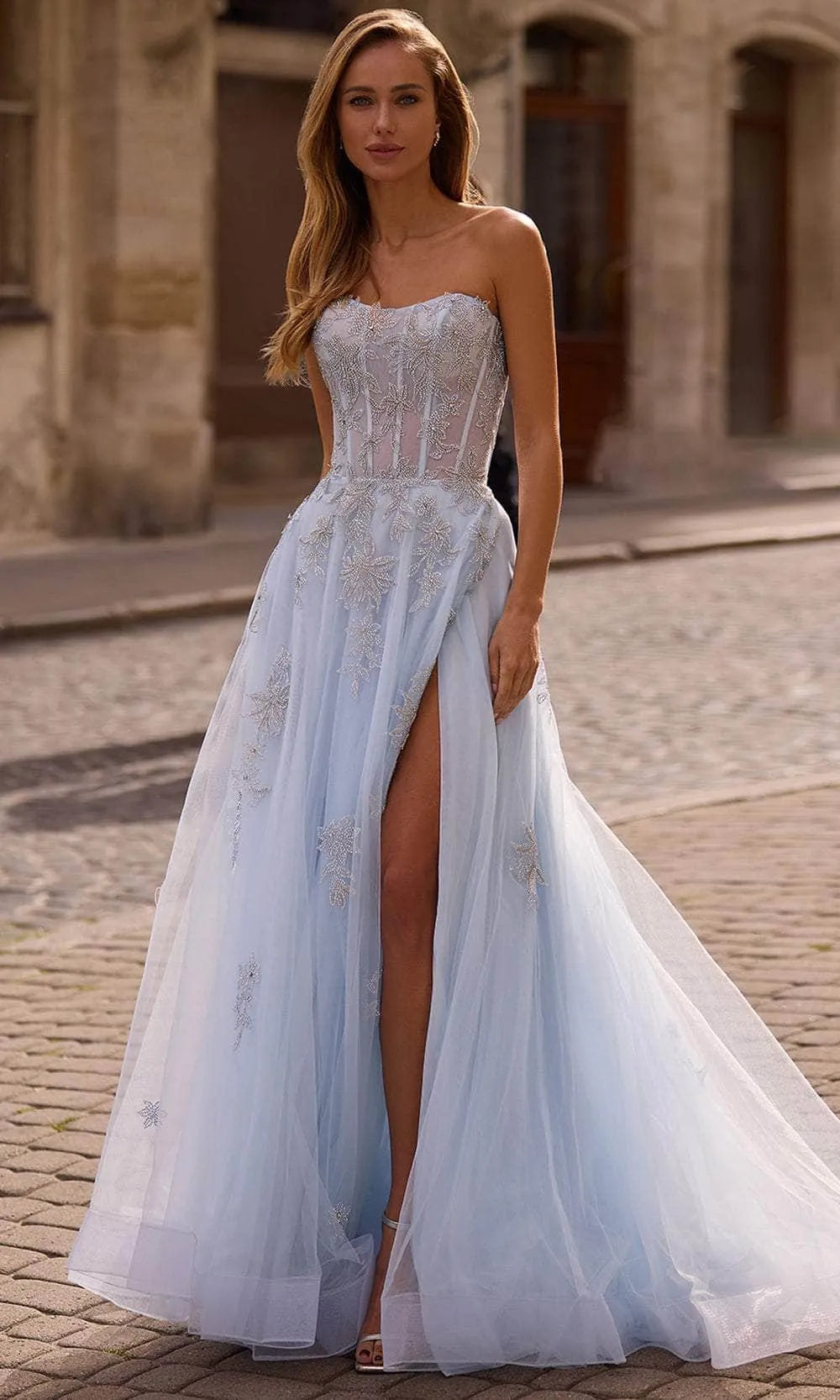 Light Blue Prom Dresses with Sheer Corset Bodice Intricate Floral Embellishments and High Slit for Formal Occasions