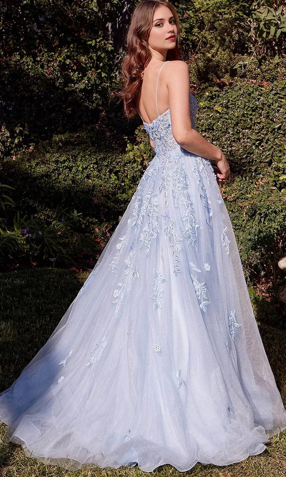 Light Blue Prom Dress with Spaghetti Straps Floral Appliqués and Sheer Bodice Detailing for Formal Evening Occasions