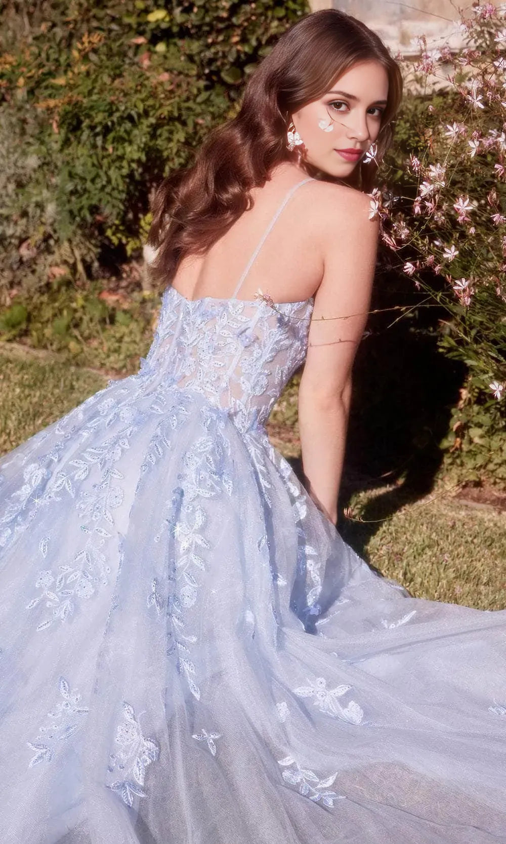 Light Blue Prom Dress with Spaghetti Straps Floral Appliqués and Sheer Bodice Detailing for Formal Evening Occasions