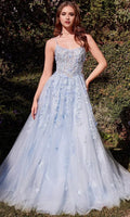 Light Blue Prom Dress with Spaghetti Straps Floral Appliqués and Sheer Bodice Detailing for Formal Evening Occasions