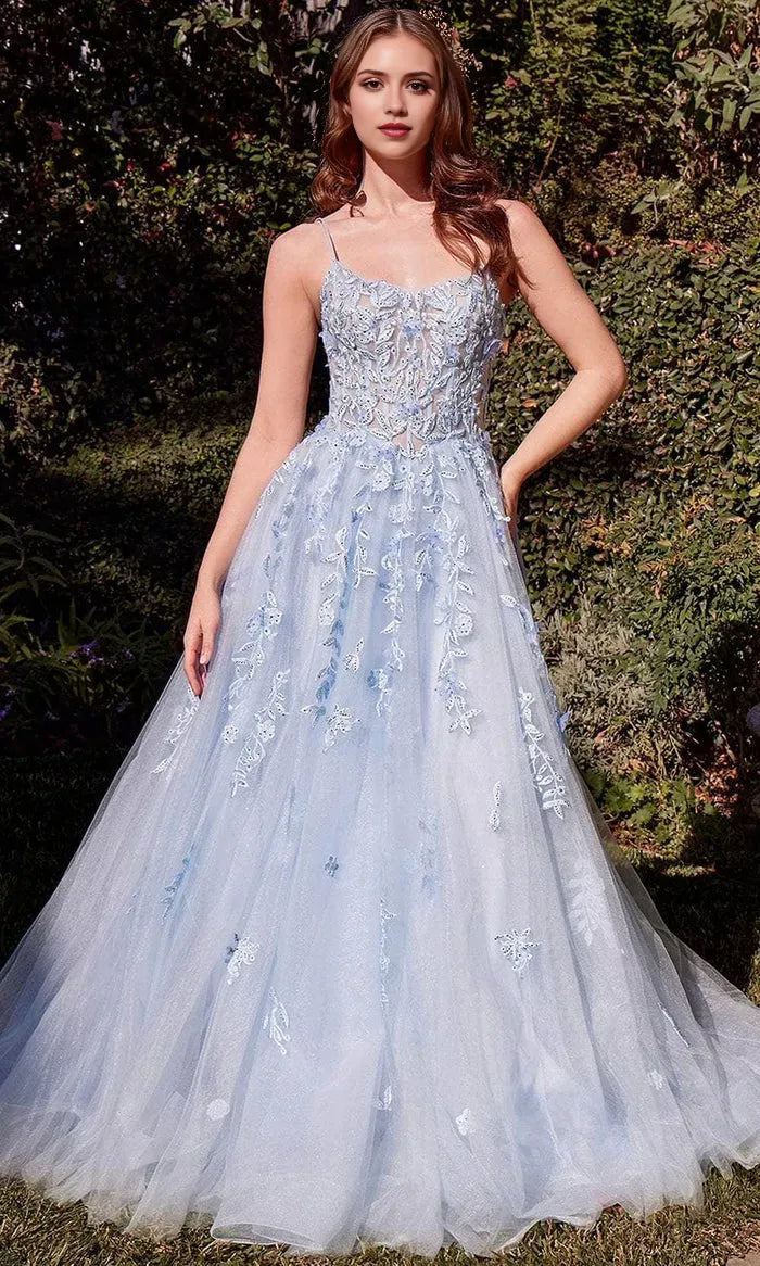 Light Blue Prom Dress with Spaghetti Straps Floral Appliqués and Sheer Bodice Detailing for Formal Evening Occasions