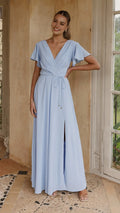Light Blue Wrap Style Prom Dress with Flutter Sleeves and Side Slit Floor Length Formal Gown for Special Occasions